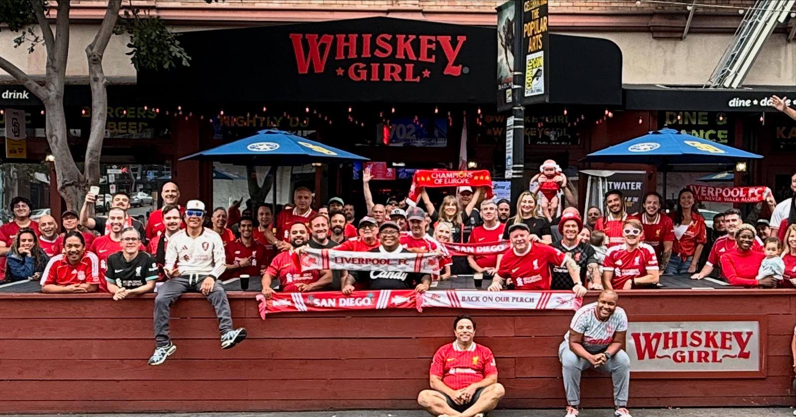 LFC San Diego members in Liverpool shirts and scarves gathered outside Whiskey Girl in the Gaslamp Quarter